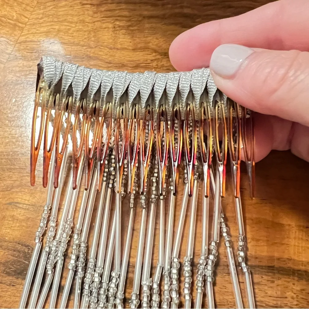 Chic Hair Comb Silver Ribbon with Glass-Beaded Design Bridal Wedding 3x5